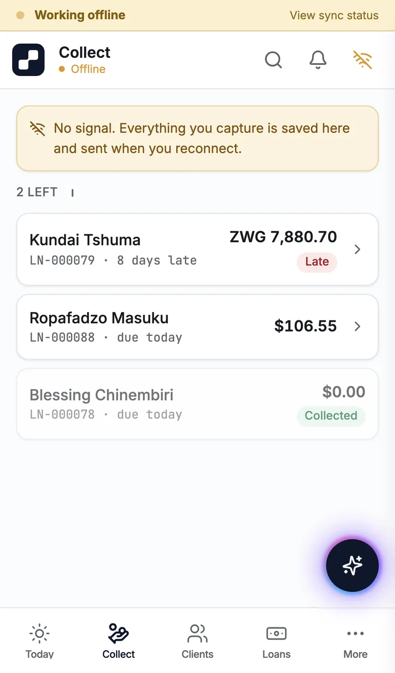 A loan officer's round with no signal: a note that everything captured is saved on the phone, and the stops still to collect.
