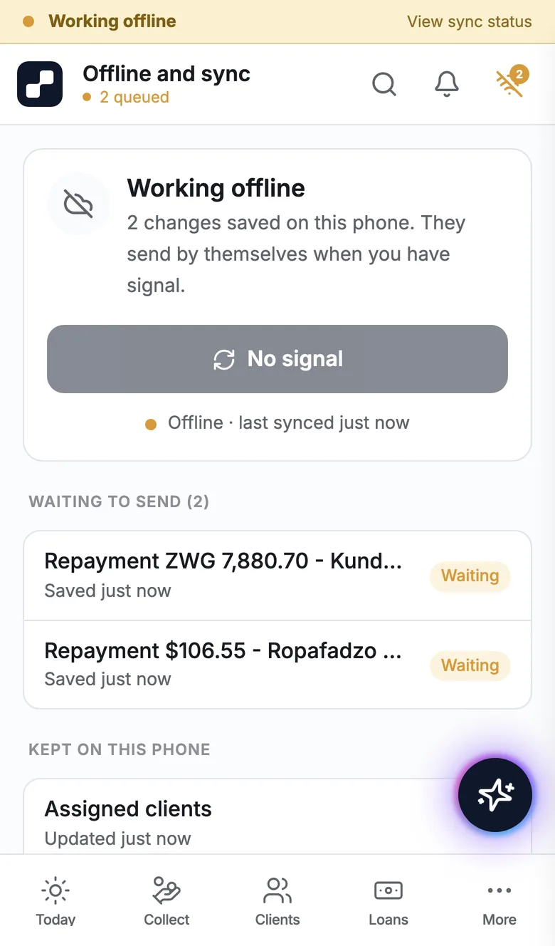 The offline and sync screen: two repayments saved on the phone, waiting to be sent when the signal returns.
